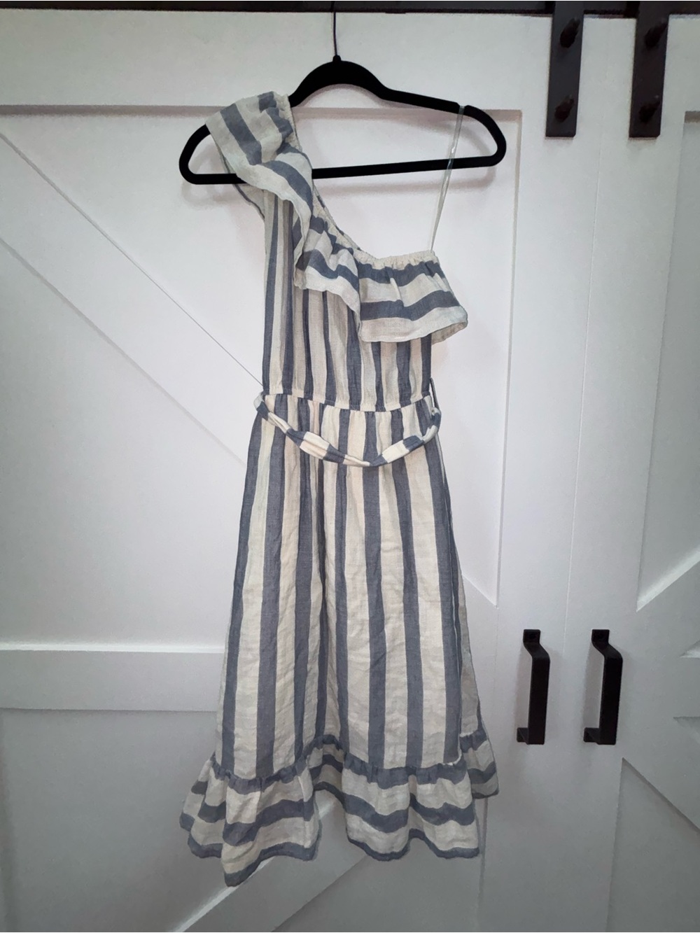 Listicle Blue and White One-Shoulder Striped Ruffle Dress